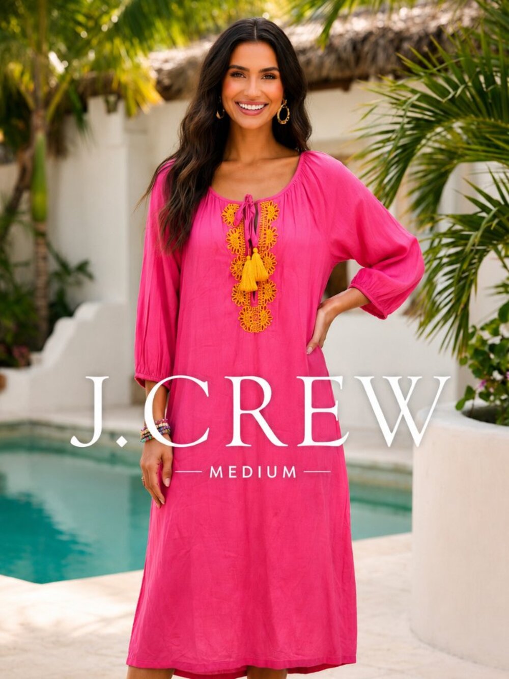 J.Crew Pink Embroidered Tassel Tunic Midi Dress Size M